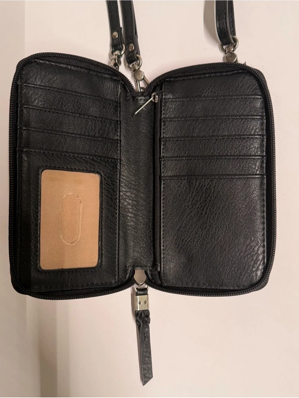 The Sak Black Leather Phone Crossbody Wallet Wristlet Embossed Floral Organizer